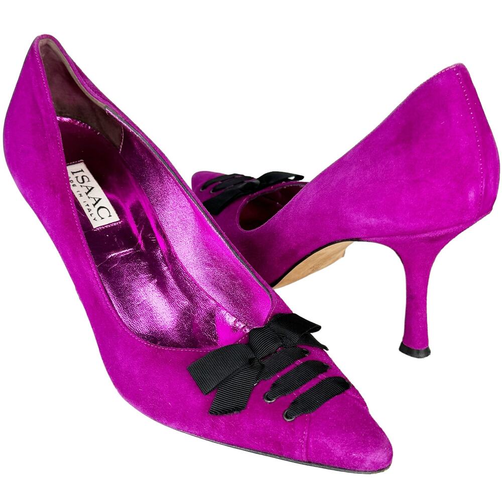 Vintage Y2K Isaac Mizrahi Suede Heels Pointed Toe Ribbon Trim Purple Black 9.5